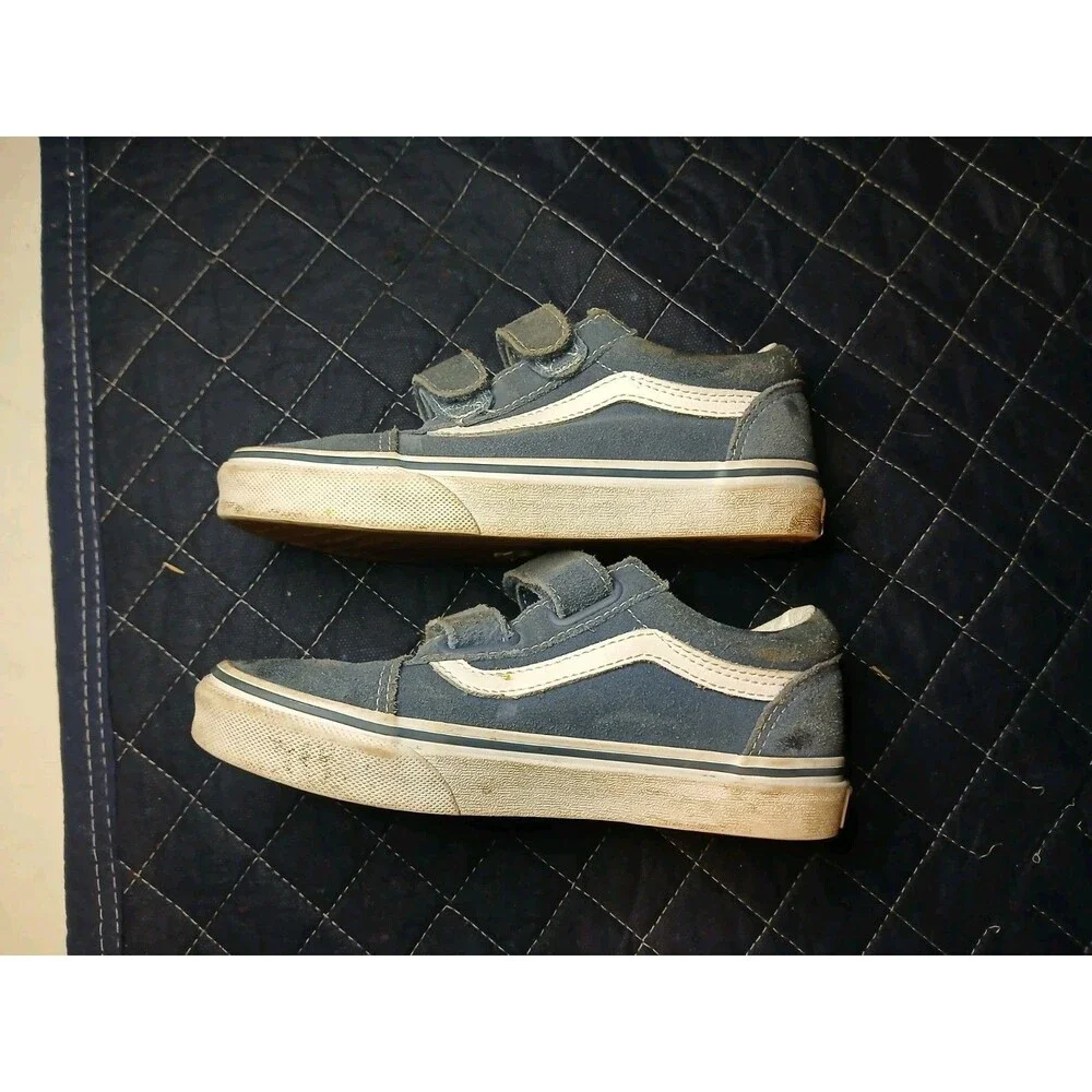 Vans Kids Old Skool Navy & Gray Youth Shoes Size 2 With Hook & Loop Straps